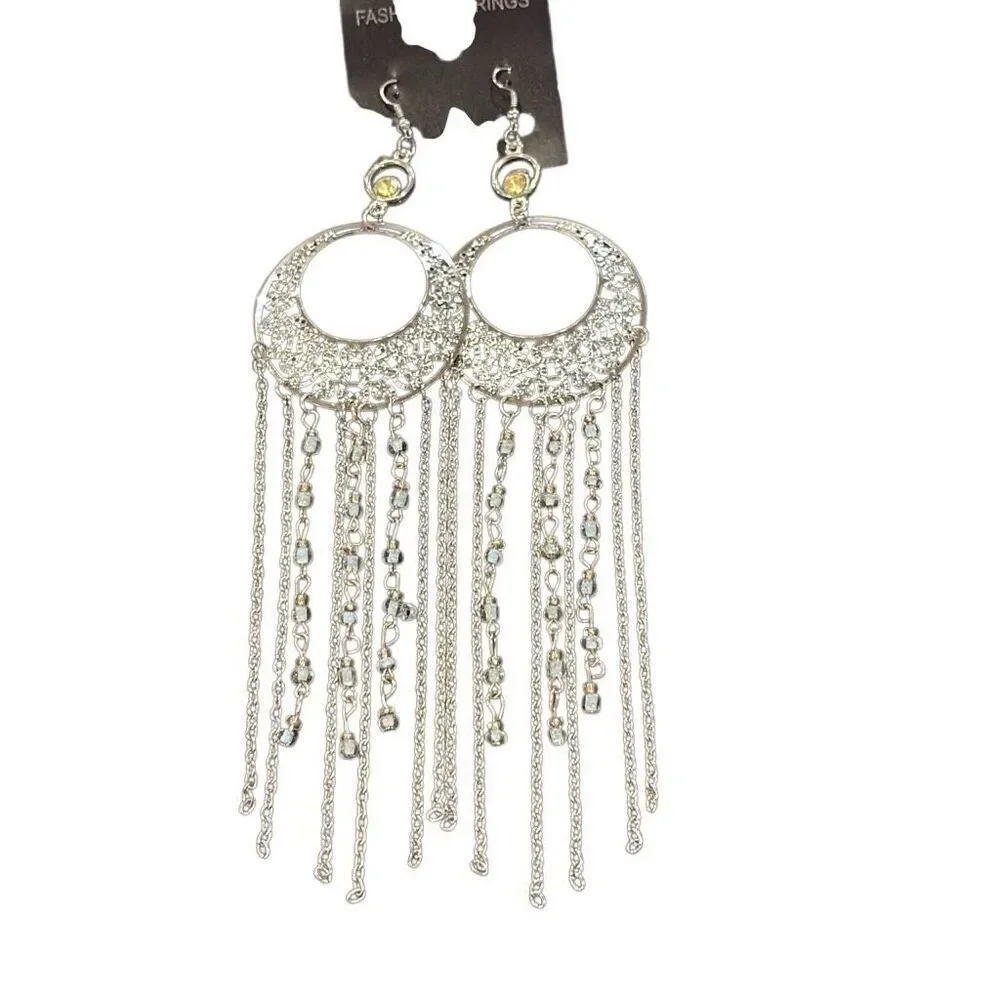 Silver Tone Half Moon Filigree‎ Blue Beaded Long Earrings Chain Fringe Boho NWT